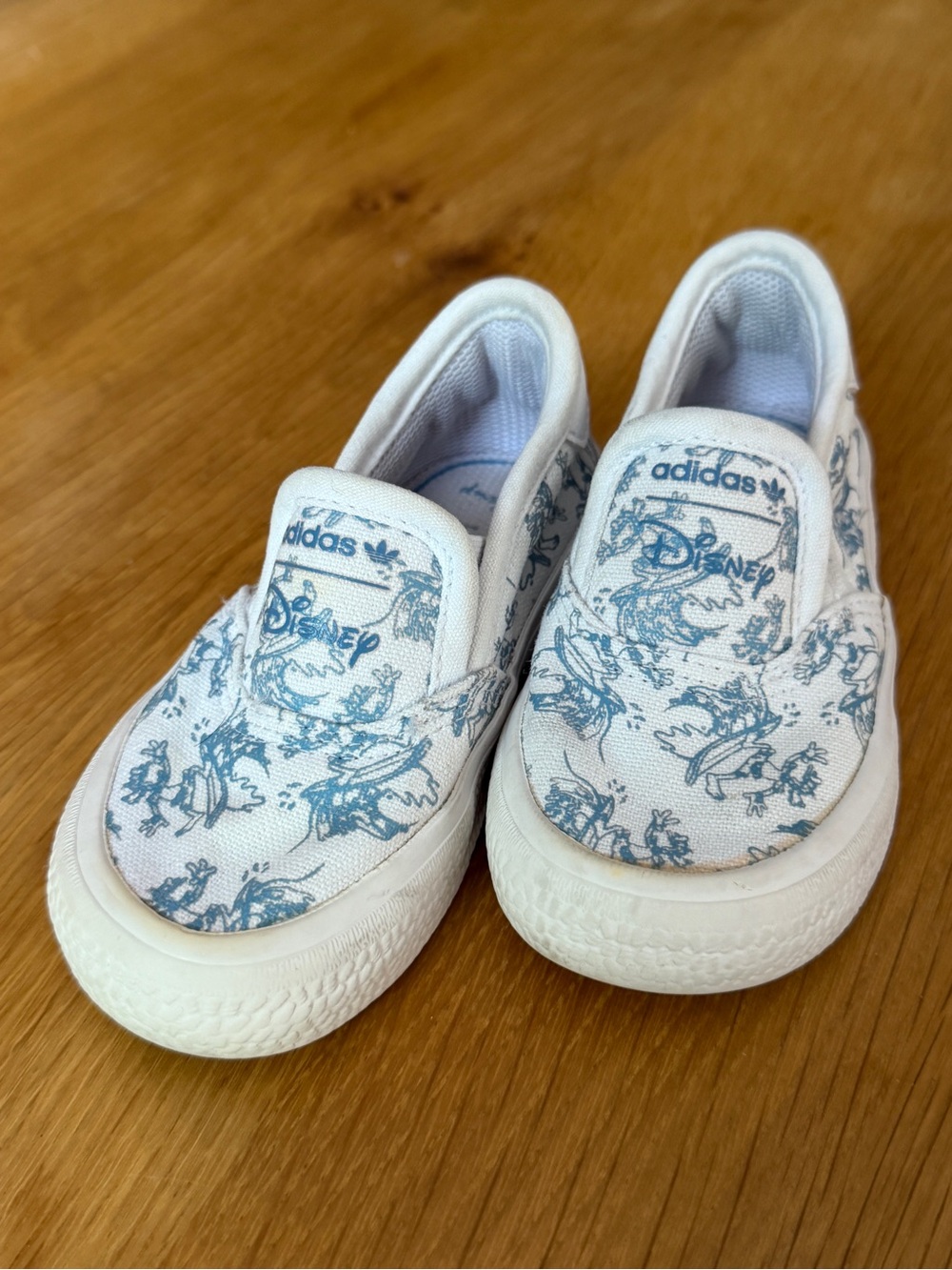 adidas Kids White Slip-On Sneakers with Light Blue Disney Print